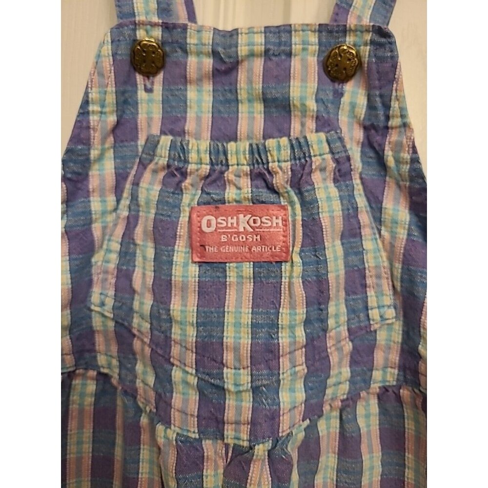 Osh Kosh B’Gosh Vintage Vestbak Pink Purple Plaid Overalls Bubble 4T Romper Deni - Picture 7 of 11